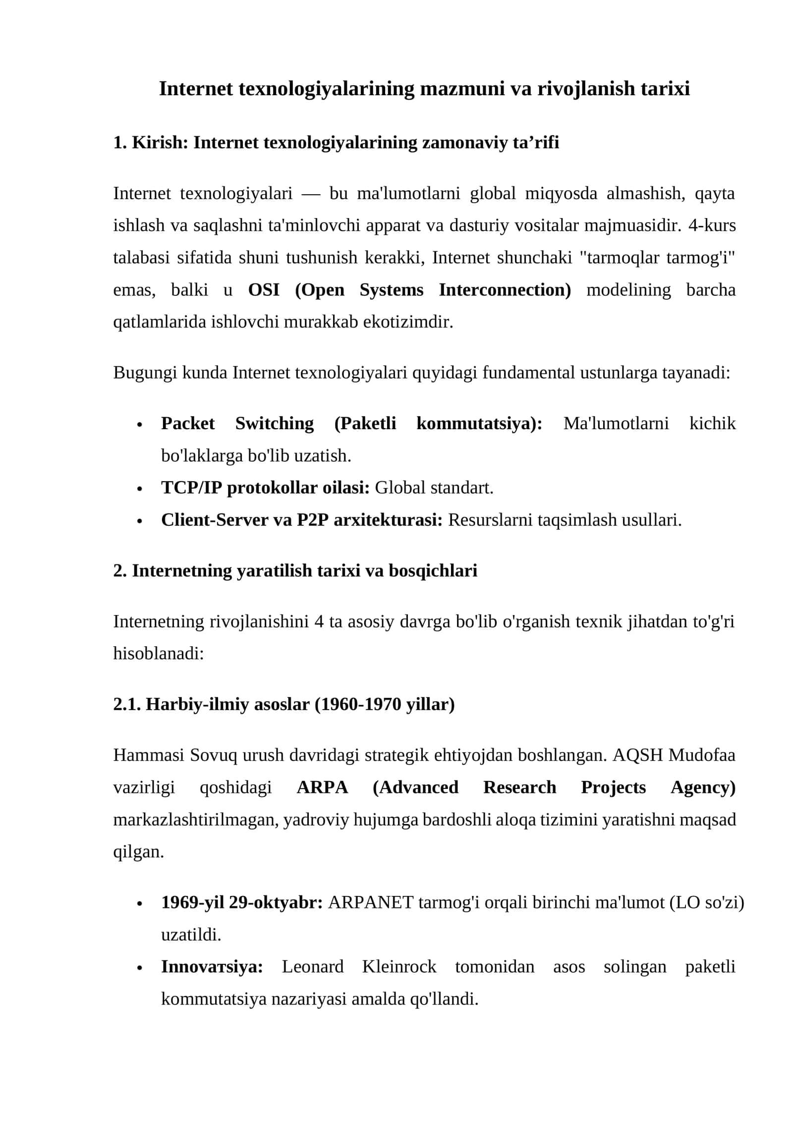 Internet texnologiyalarining mazmuni va rivojlanish tarixi 1