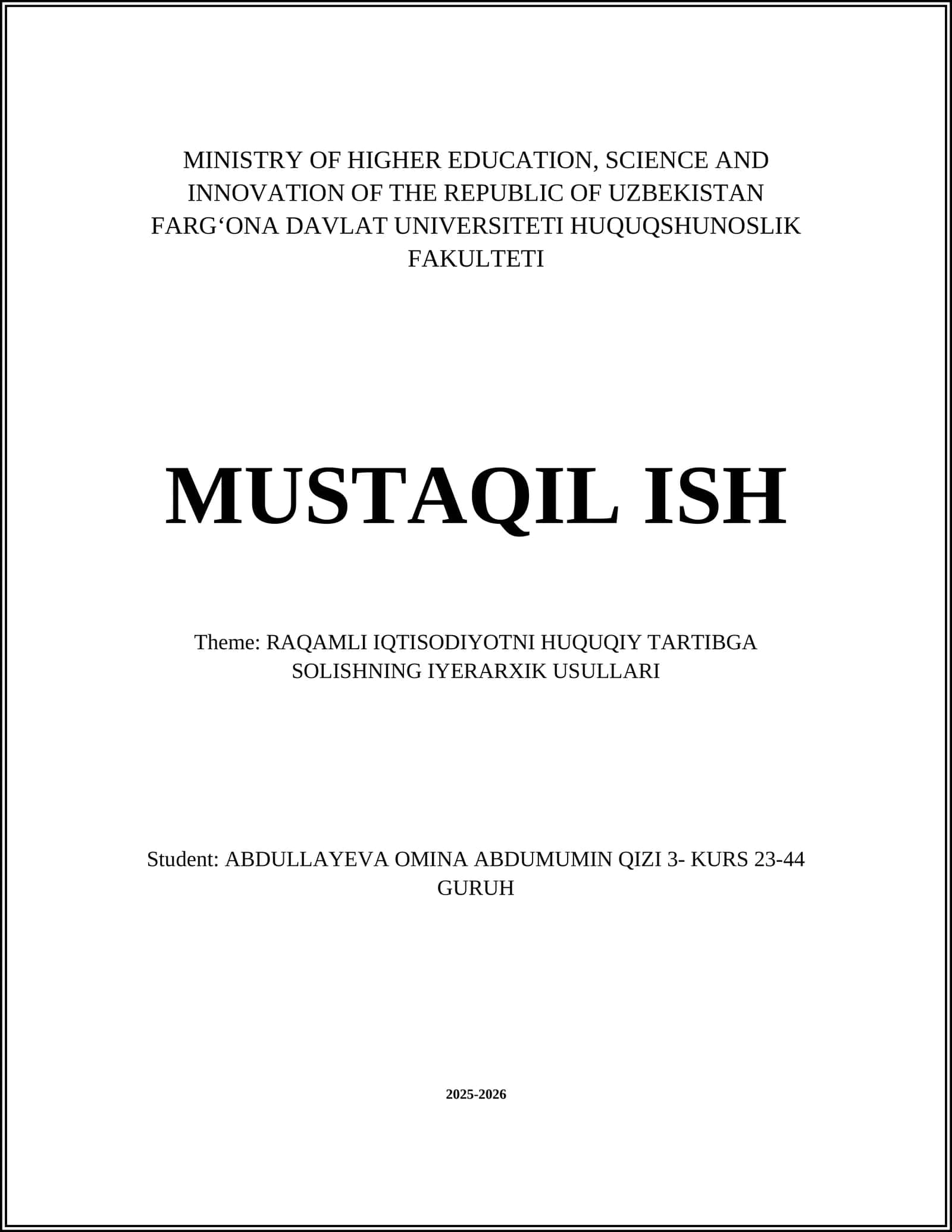 RAQAMLI IQTISODIYOTNI HUQUQIY TARTIBGA SOLISHNING IYERARXIK USULLARI 1