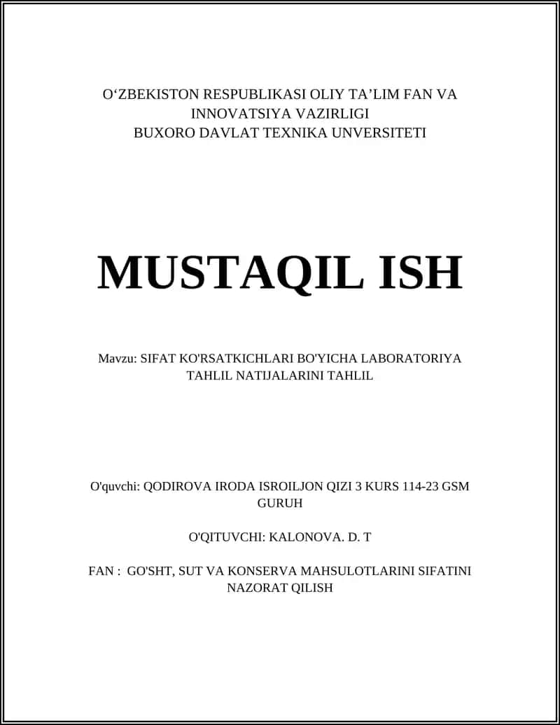 SIFAT KO'RSATKICHLARI LABORATORIYA TAHLILI 1