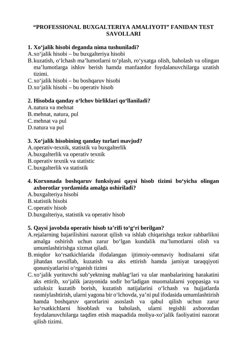 PROFESSIONAL BUXGALTERIYA AMALIYOTI FANIDAN TEST SAVOLLARI 1
