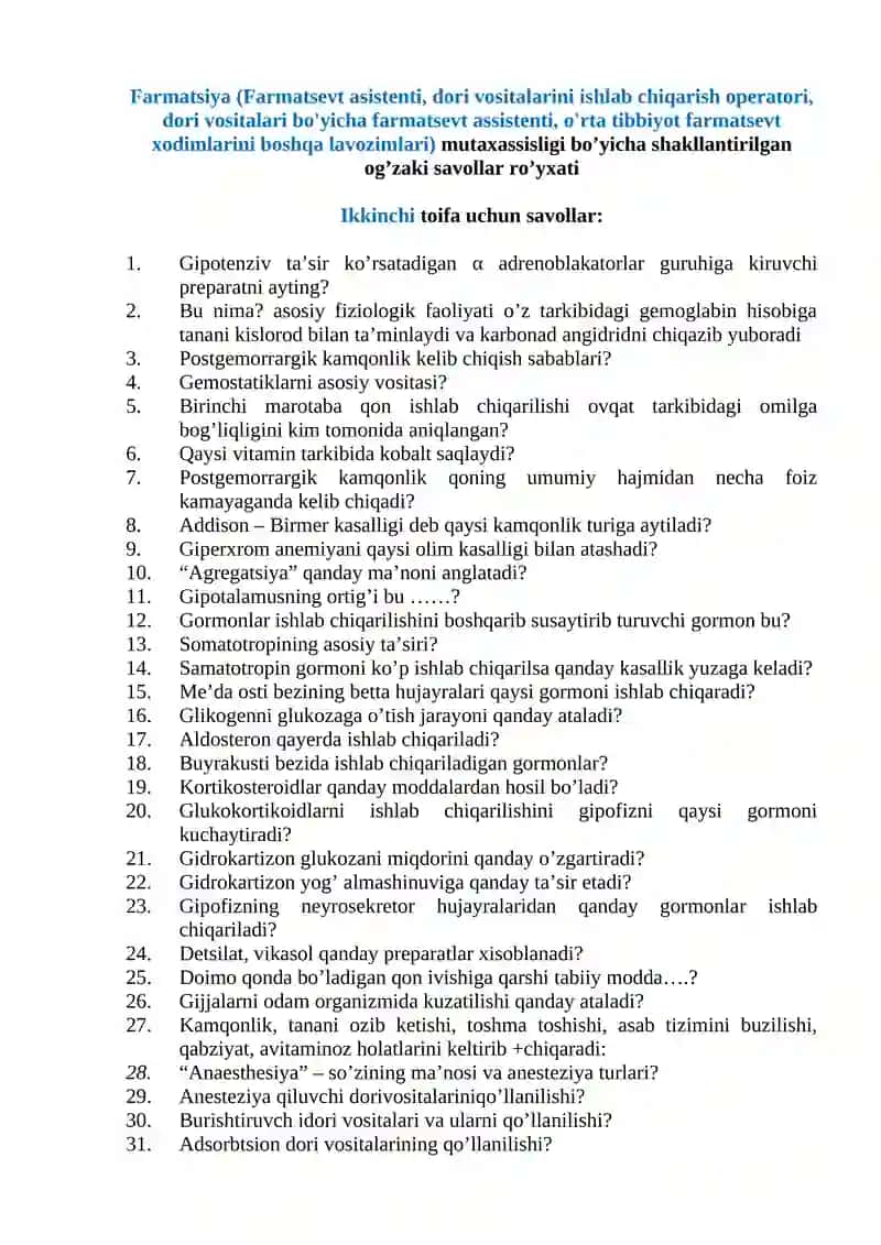 Farmatsevt asistenti savollari 1