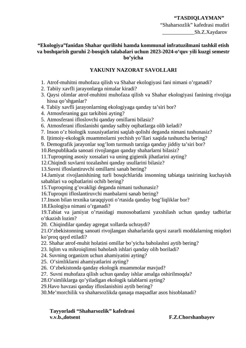 Ekologiya fanidan Shahar qurilishi hamda kommunal infratuzilmani tashkil etish va boshqarish guruhi 2-bosqich talabalari uchun 2023-2024-o‘quv yili kuzgi semestr bo’yicha 1