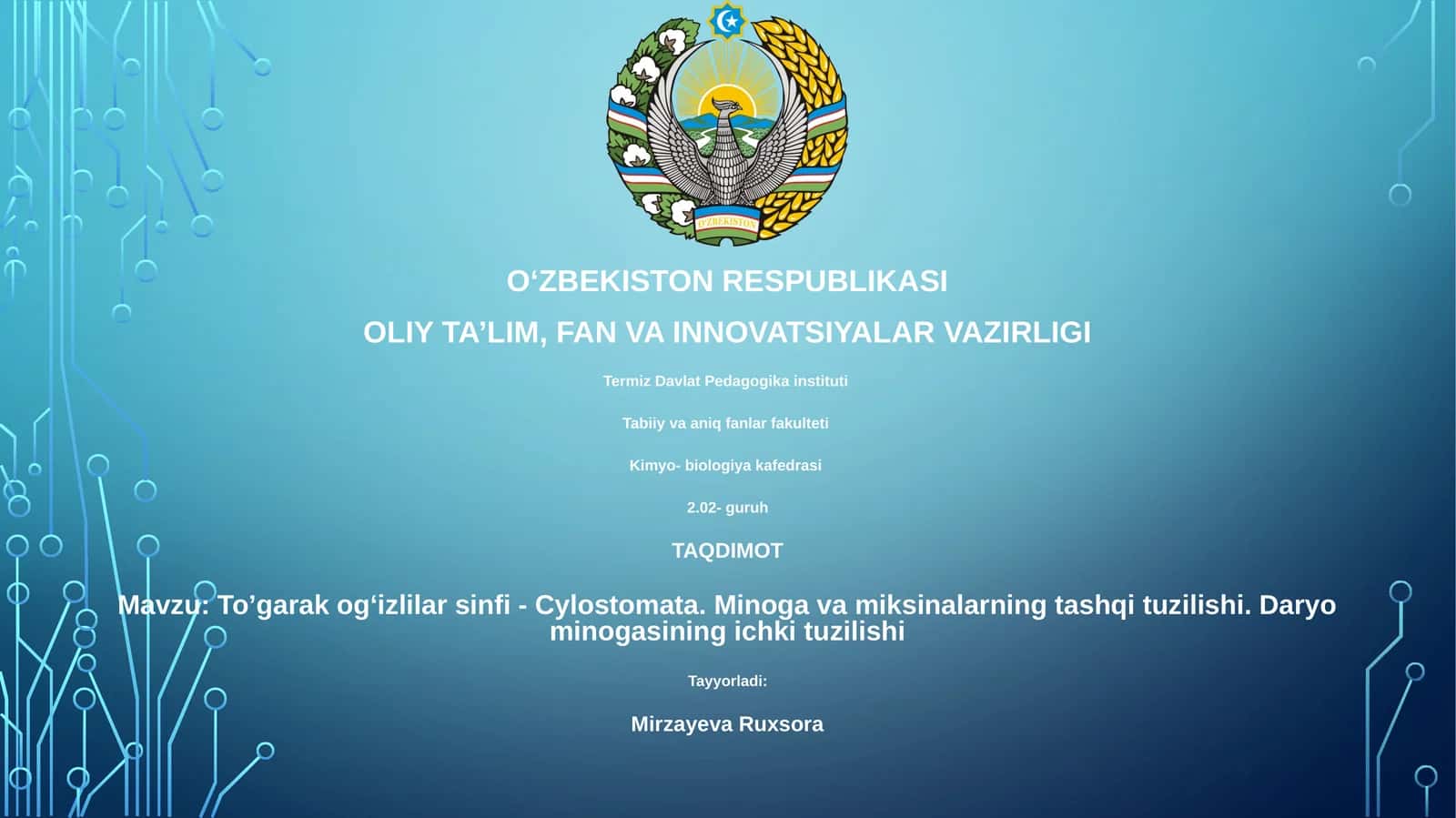 Toʼgarak ogʻizlilar sinfi - Cylostomata. Minoga va miksinalarning tashqi tuzilishi. Daryo minogasining ichki tuzilishi 1