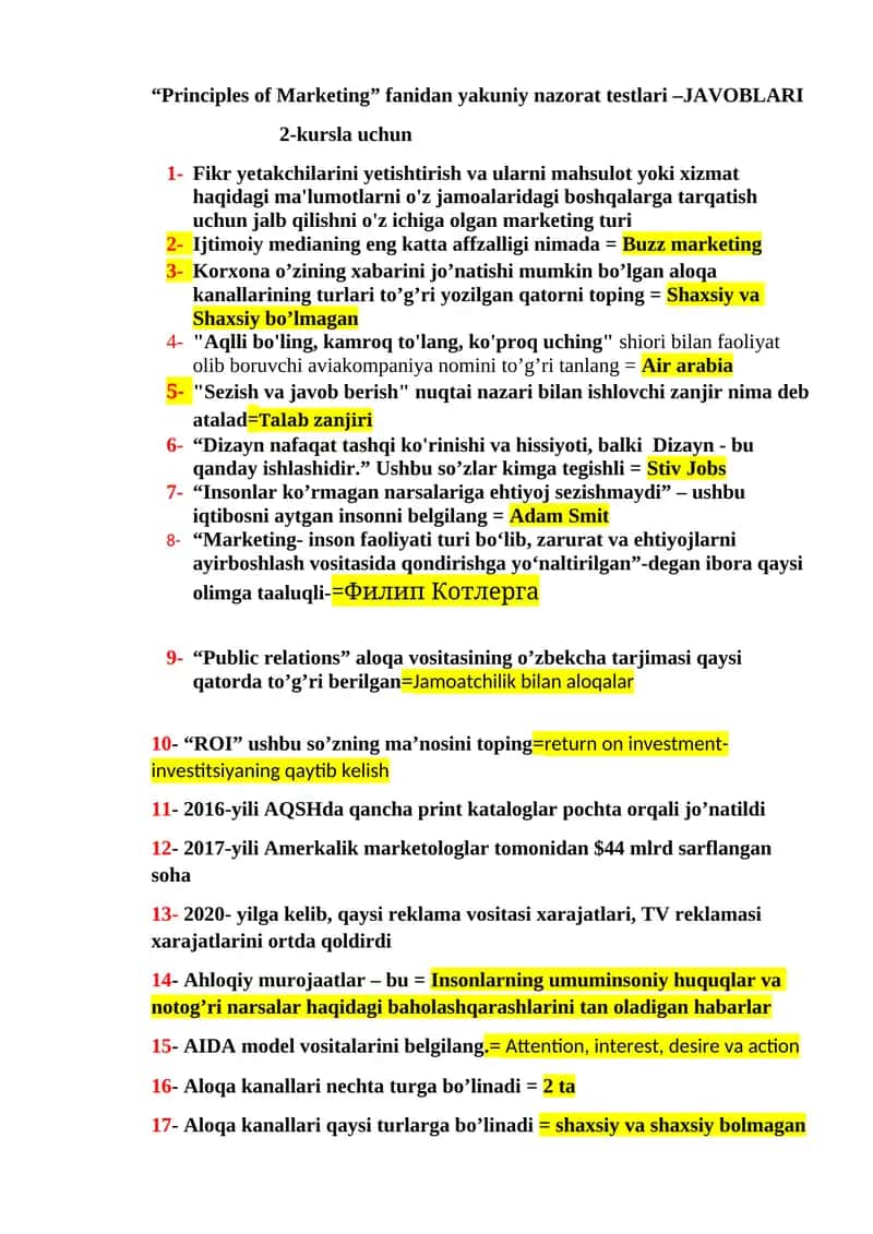 Principles of Marketing fanidan yakuniy nazorat testlari - JAVOBLARI 1