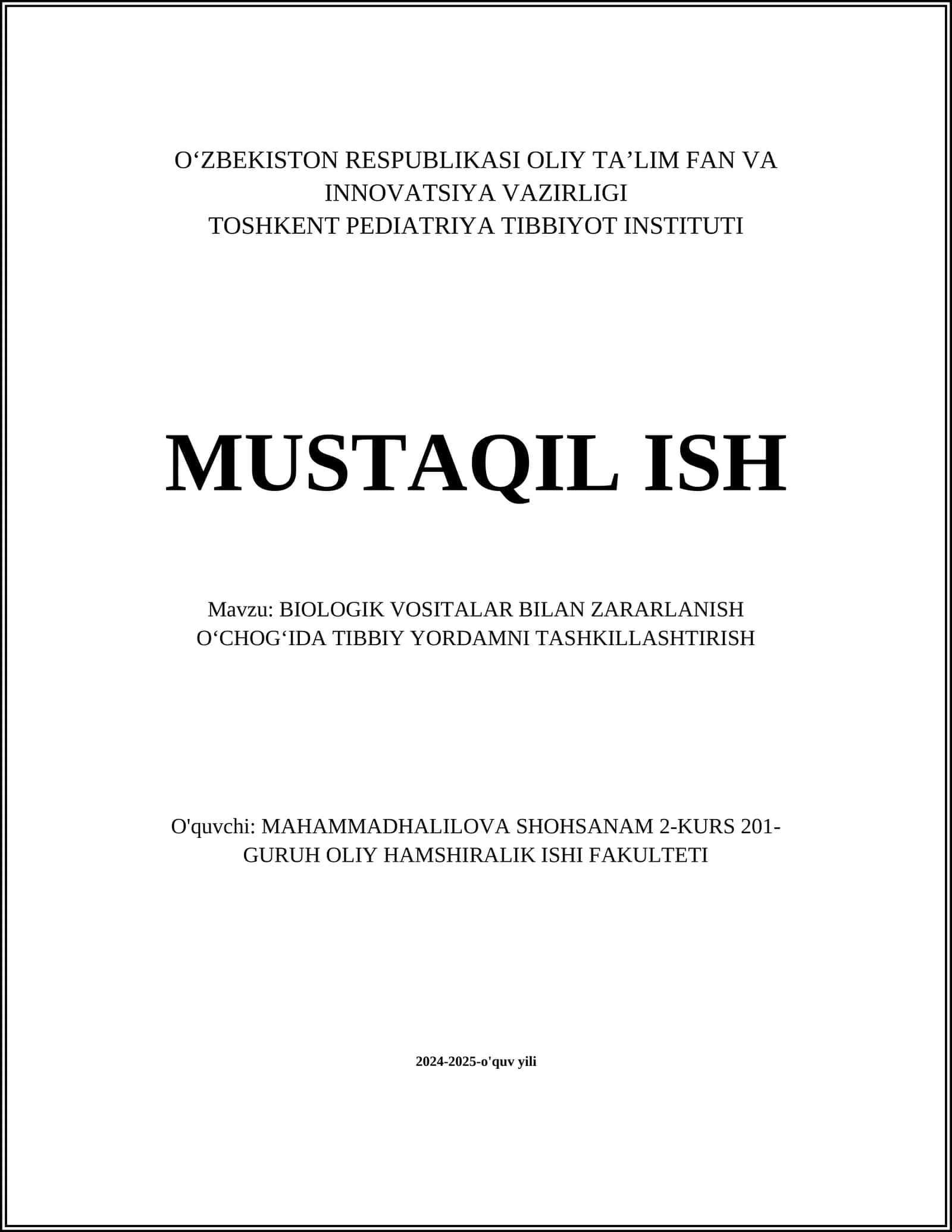 BIOLOGIK VOSITALAR BILAN ZARARLANISH OʻCHOGʻIDA TIBBIY YORDAMNI TASHKILLASHTIRISH 1