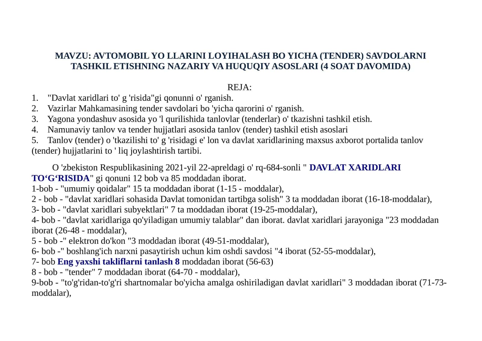 AVTOMOBIL YO LLARINI LOYIHALASH BO YICHA (TENDER) SAVDOLARNI TASHKIL ETISHNING NAZARIY VA HUQUQIY ASOSLARI 1