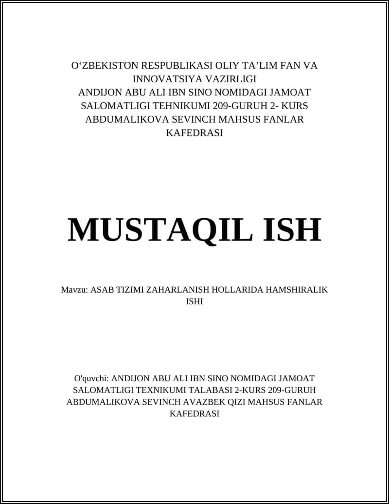 ASAB TIZIMI ZAHARLANISH HOLLARIDA HAMSHIRALIK ISHI 1