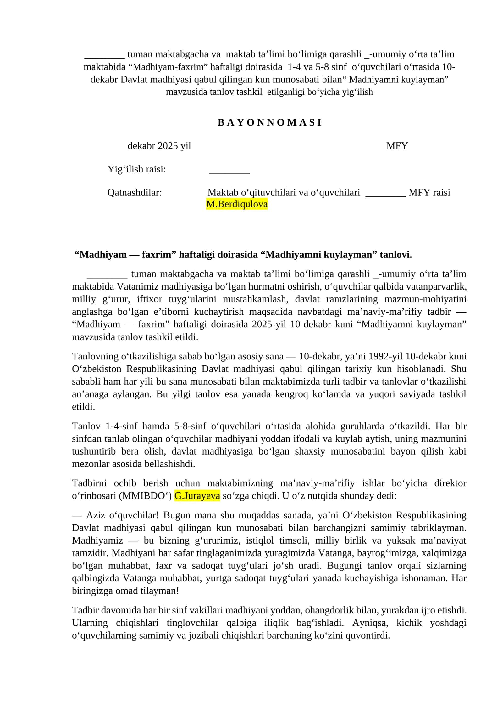“Madhiyamni kuylayman” tanlovi 1