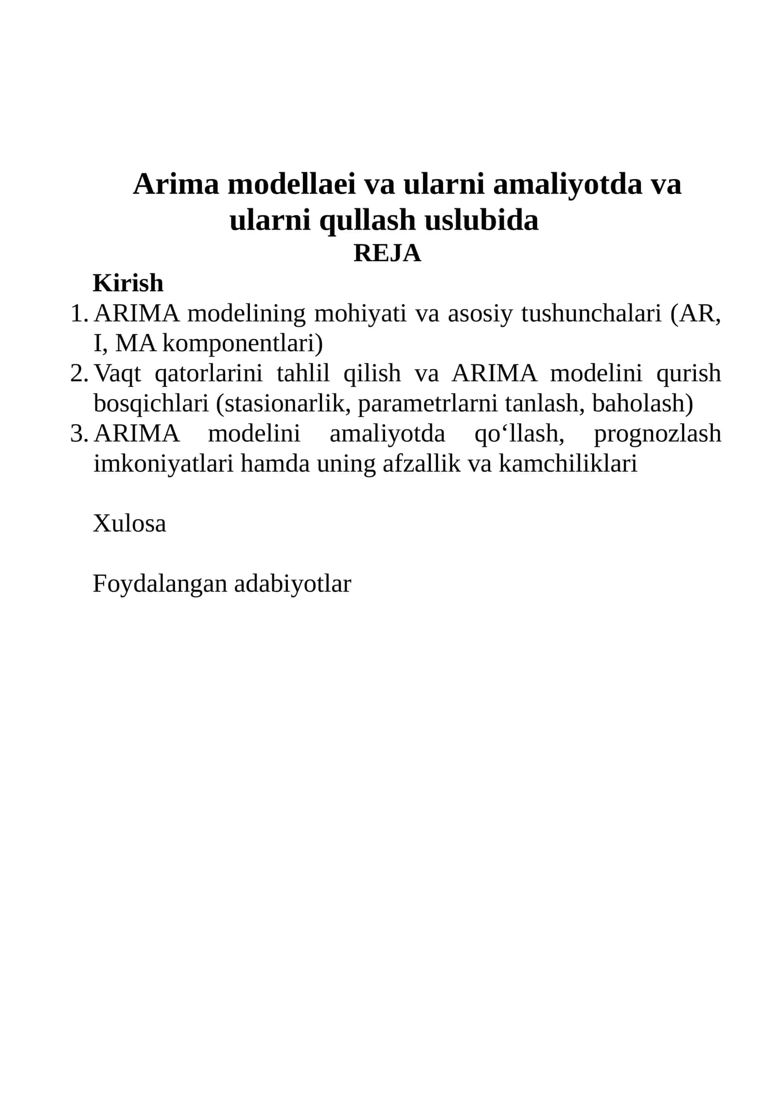 ARIMA model va ularni amaliyotda va ularni qullash uslubida 1