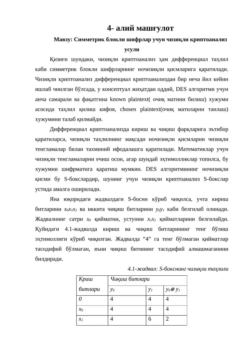 Симметрик блокли шифрлар учун чизиқли криптоанализ усули 1