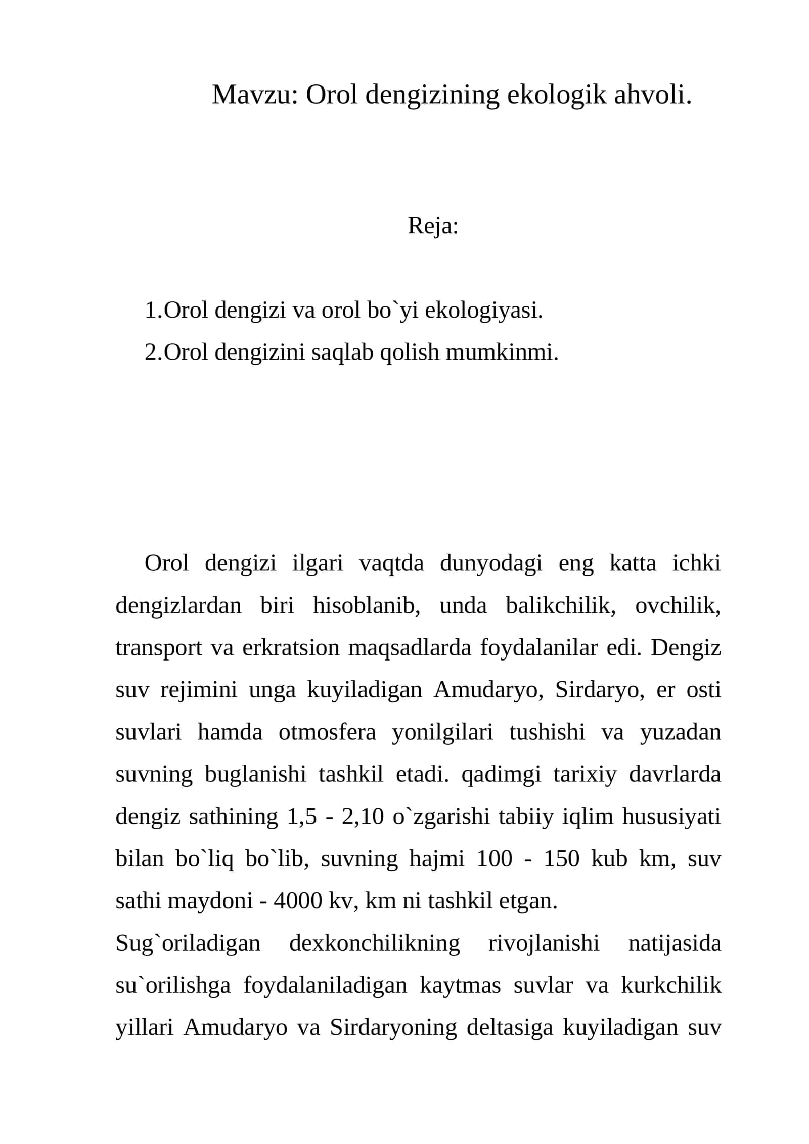 Orol dengizining ekologik ahvoli 1
