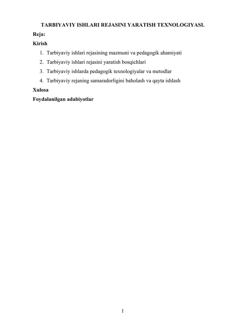 TARBIYAVIY ISHLARI REJASINI YARATISH TEXNOLOGIYASI 1