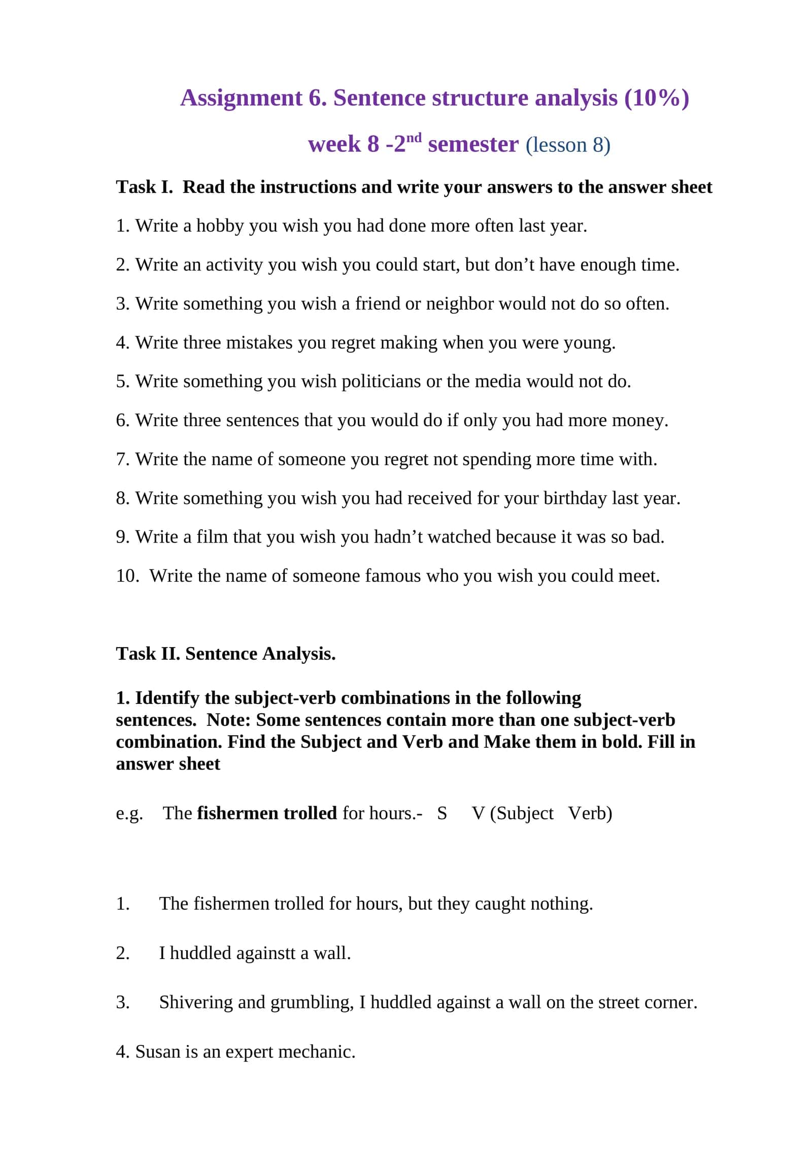 Assignment 6. Sentence structure analysis (10%) 1
