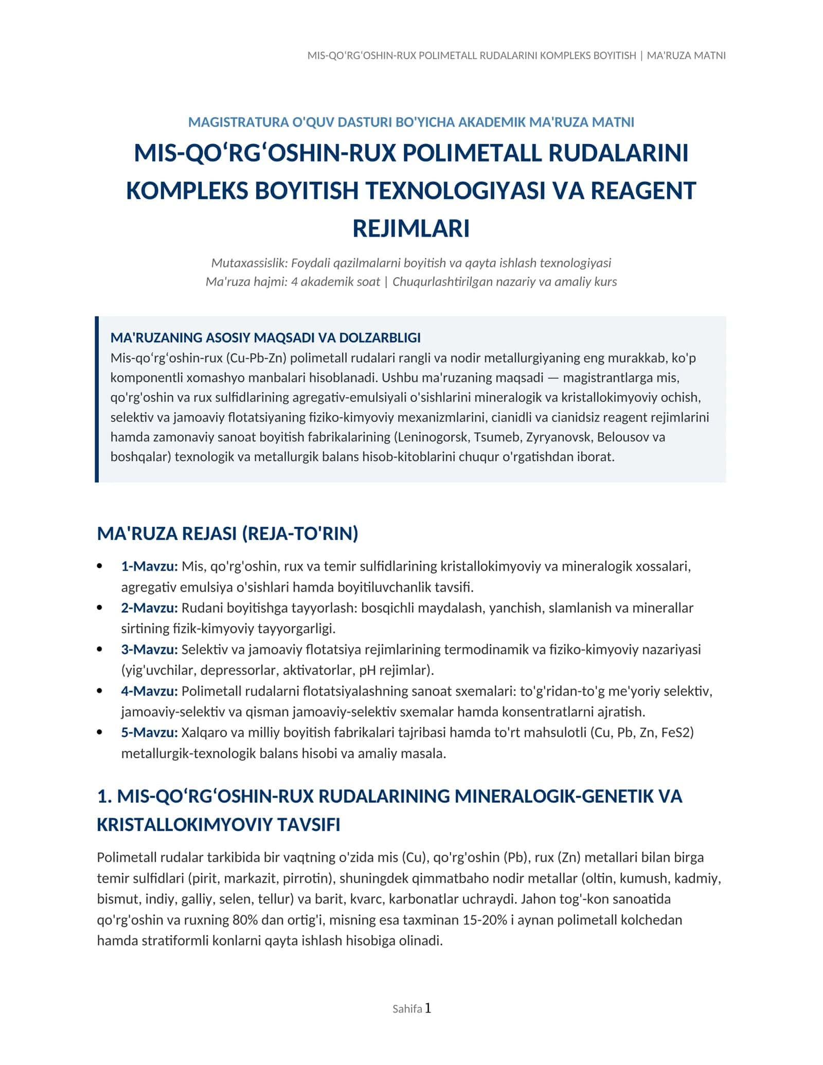 MIS-QO‘RG‘OSHIN-RUX POLIMETALL RUDALARINI KOMPLEKS BOYITISH | MA'RUZA MATNI 1