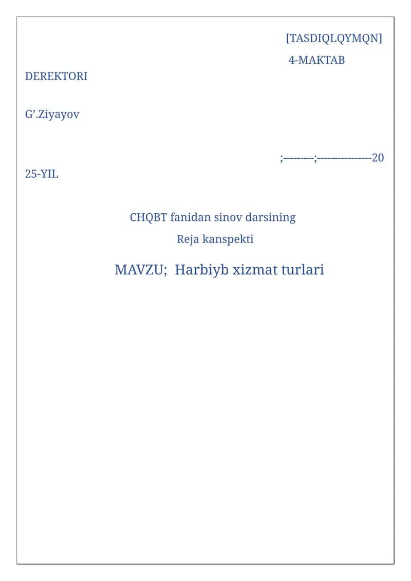 CHQBT fanidan sinov darsining Reja kanspekti 1