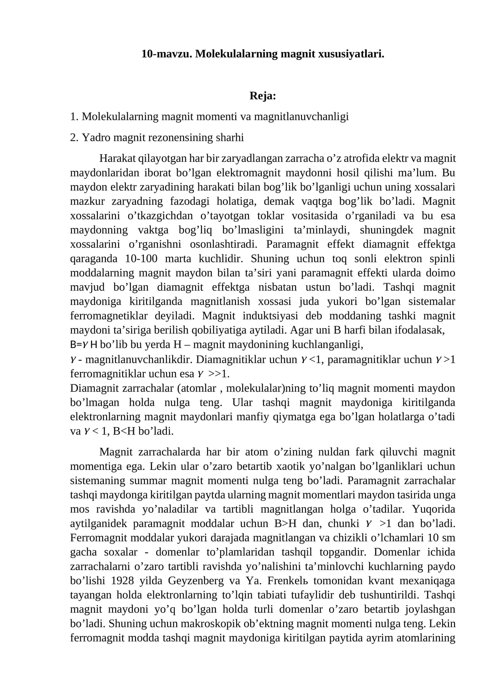 Molekulalarning magnit xususiyatlari 1