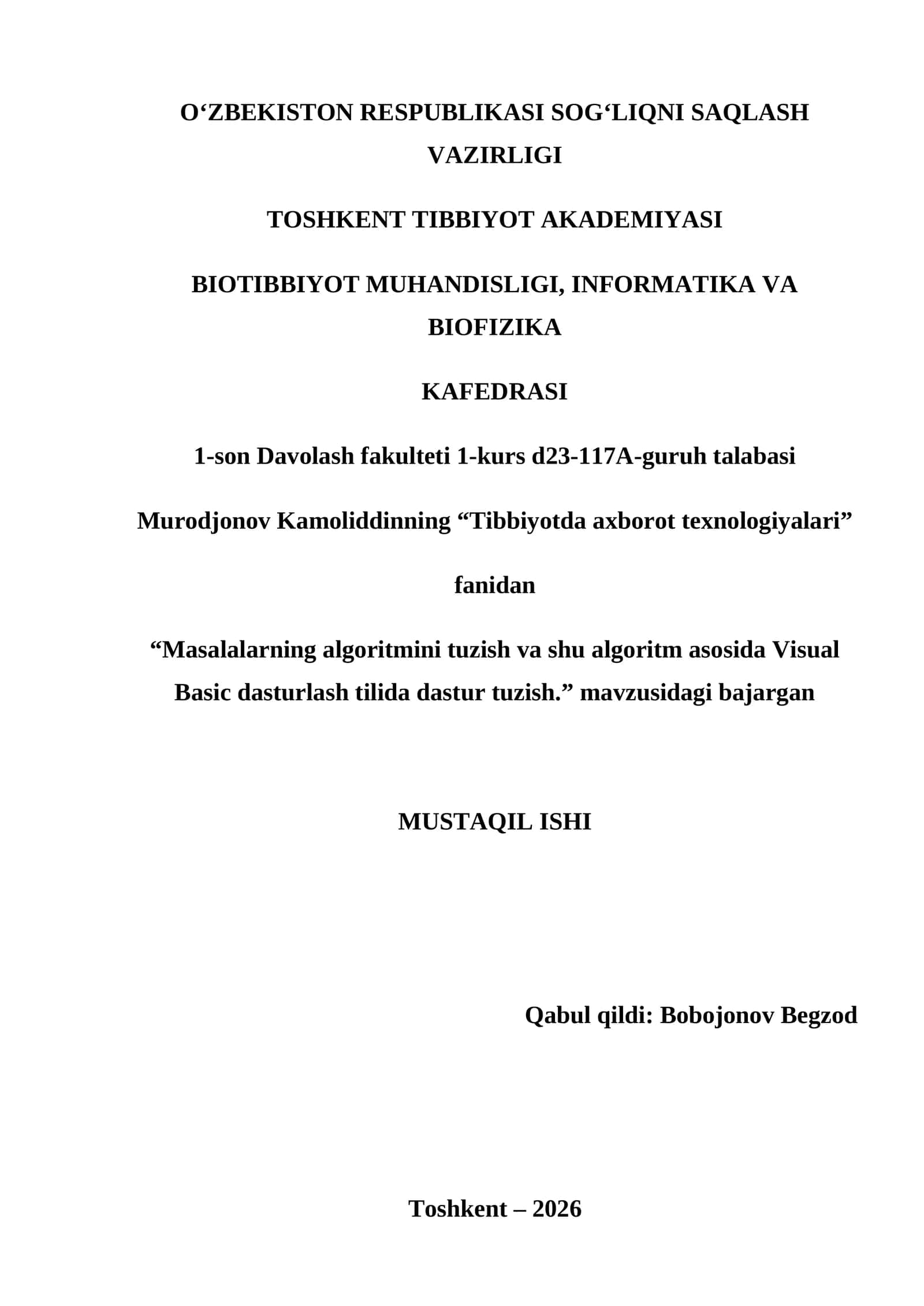 Masalalarning algoritmini tuzish va shu algoritm asosida Visual Basic dasturlash tilida dastur tuzish 1
