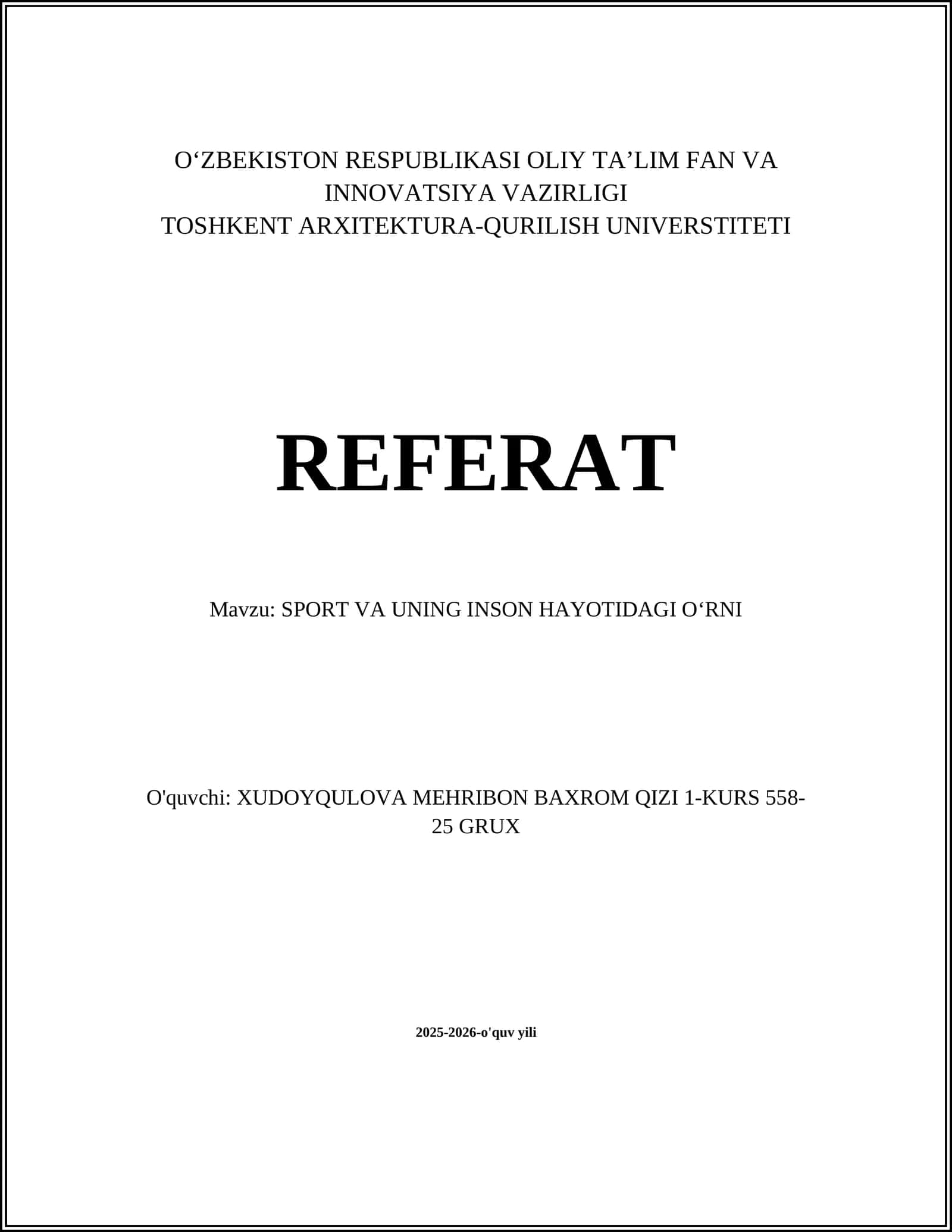SPORT VA UNING INSON HAYOTIDAGI O‘RNI 1