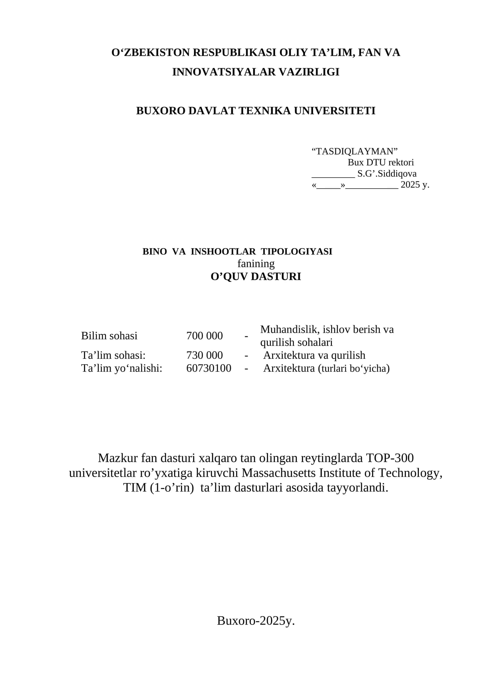 BINO VA INSHOOTLAR TIPOLOGIYASI fanining O’QUV DASTURI 1