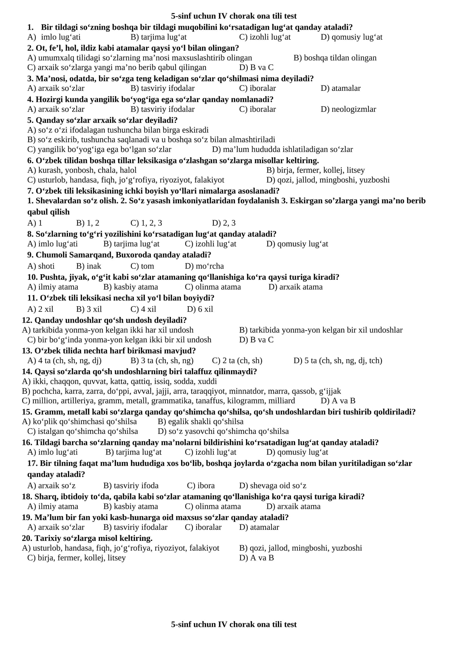 5-sinf uchun IV chorak ona tili test 1