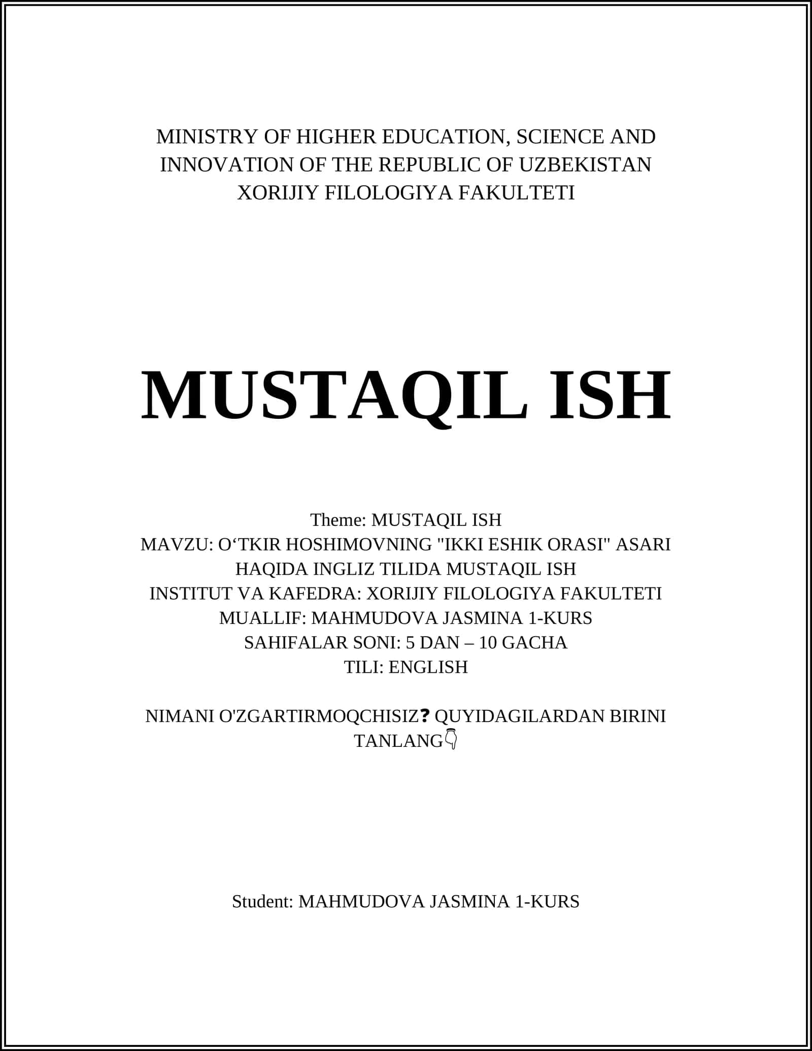 Oʻtkir Hoshimovning "Ikki Eshik Orasi" asari haqida ingliz tilida mustaqil ish 1