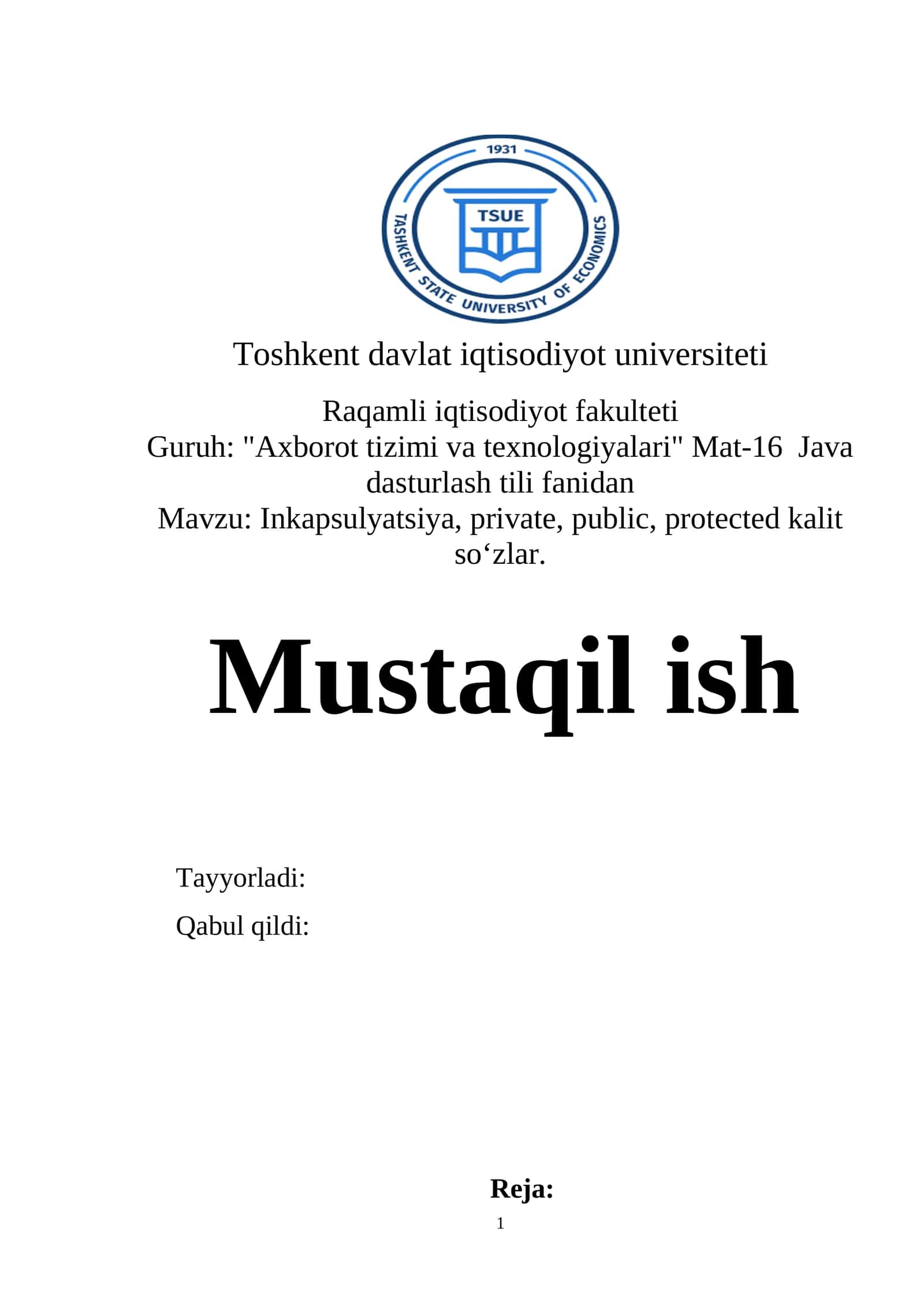 Inkapsulyatsiya, private, public, protected kalit so‘zlar 1
