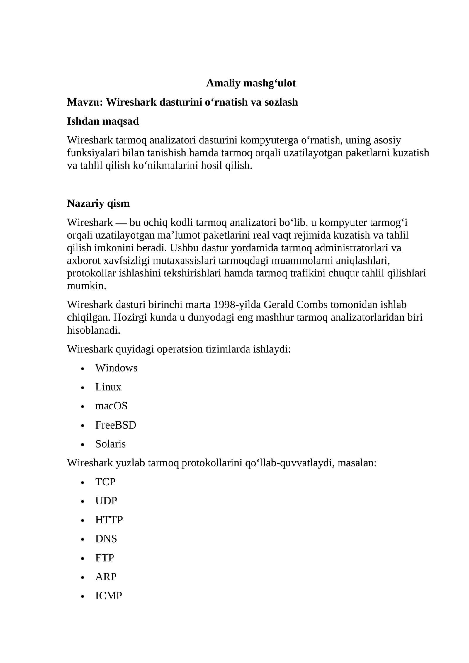 Wireshark dasturini o‘rnatish va sozlash 1