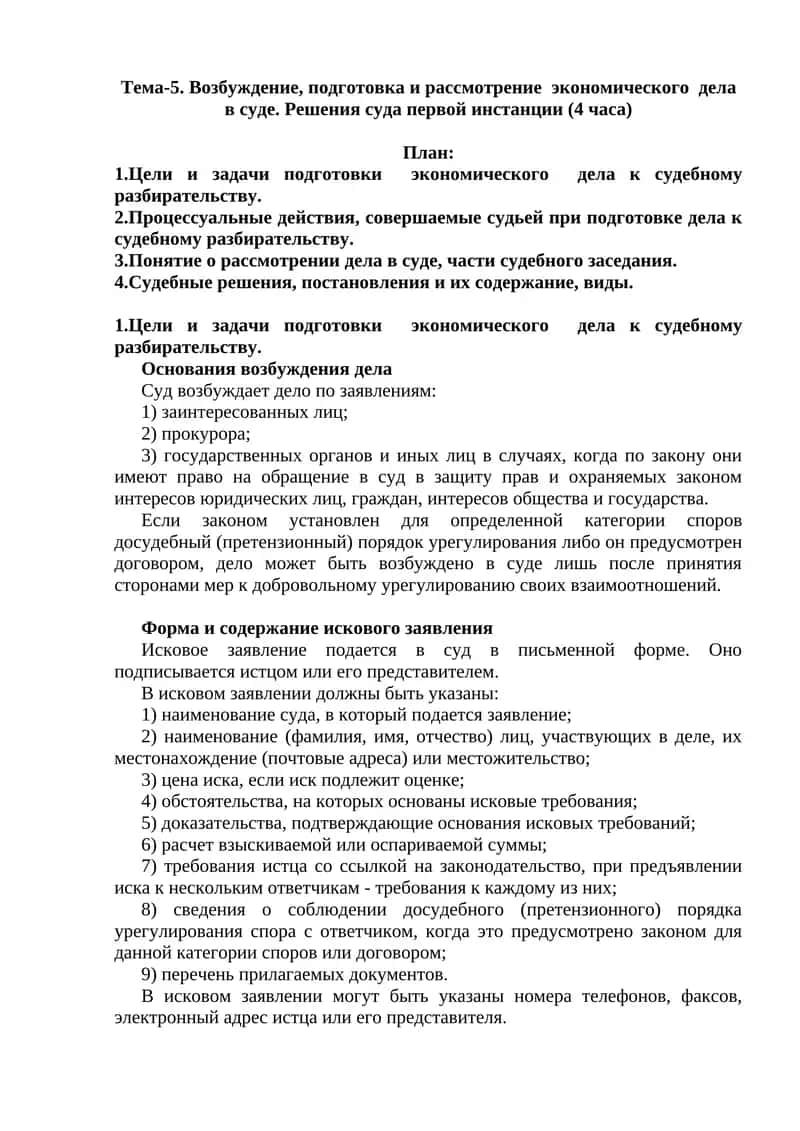 Возбуждение, подготовка и рассмотрение экономического дела в суде 1