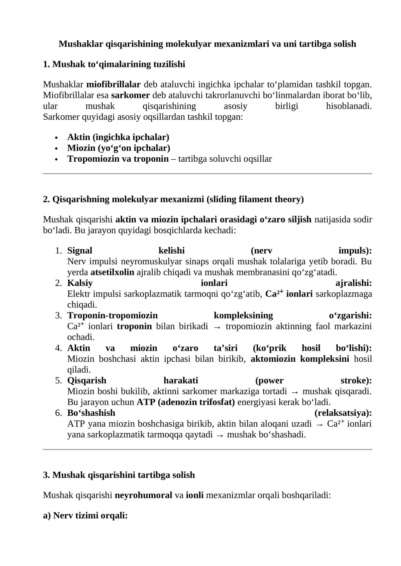 Mushaklar qisqarishining molekulyar mexanizmlari va uni tartibga solish 1