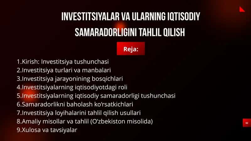 INVESTITSIYALAR VA ULARNING IQTISODIY SAMARADORLIGINI TAHLIL QILISH 1