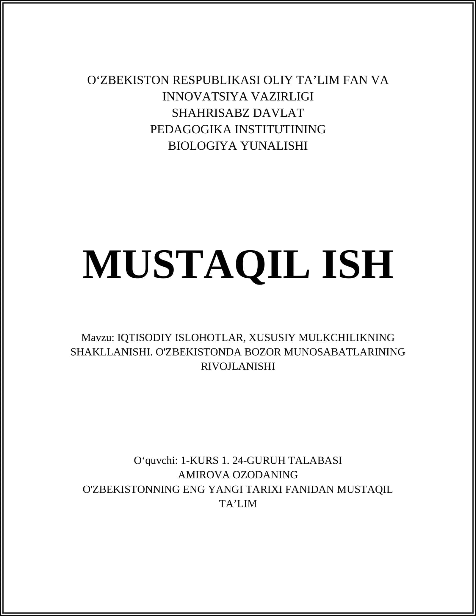 BIOLOGIYA YUNALISHI MUSTAQIL ISH 1