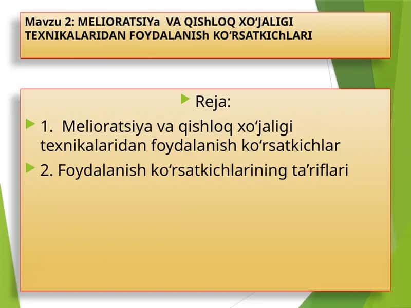 MELIORATSIYa VA QIShLOQ XO‘JALIGI TEXNIKALARIDAN FOYDALANIShKO‘RSATKIChLARI 1