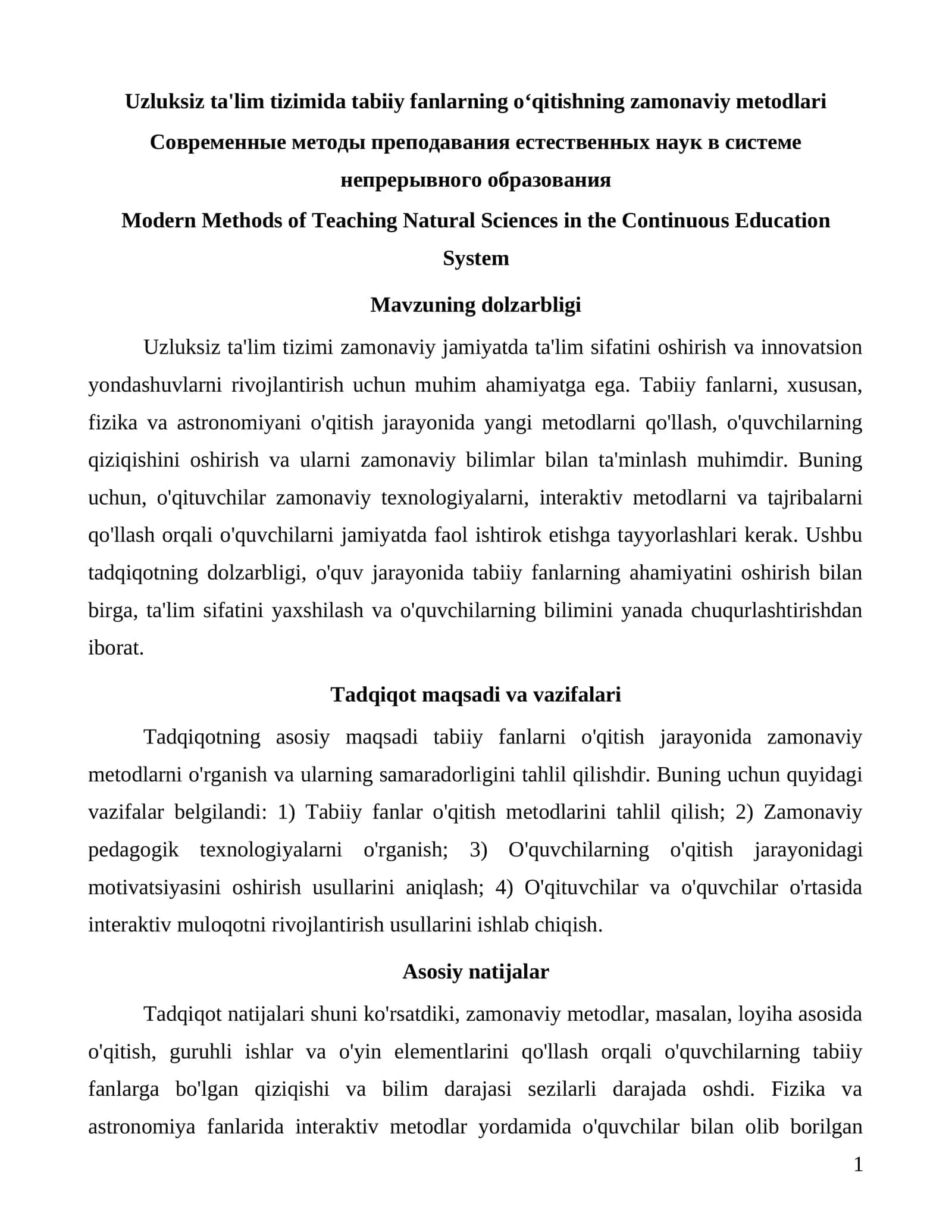 Uzluksiz ta'lim tizimida tabiiy fanlarning oʻqitishning zamonaviy metodlari 1
