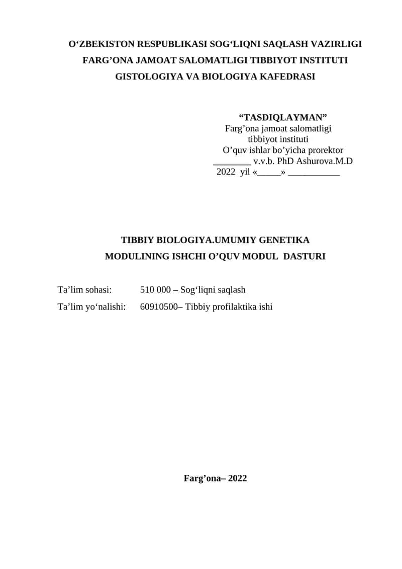 Tibbiy Biologiya Umumiy Genetika Modulining Ishchi O'quv Modul Dasturi 1