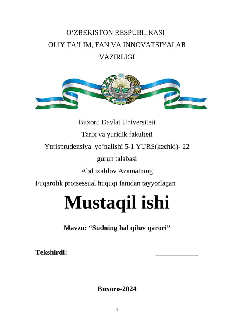 Abduxalilov Azamatning Fuqarolik Protessual Huquqi Fanidan Tayyorlagan Mustaqil Ishi 1
