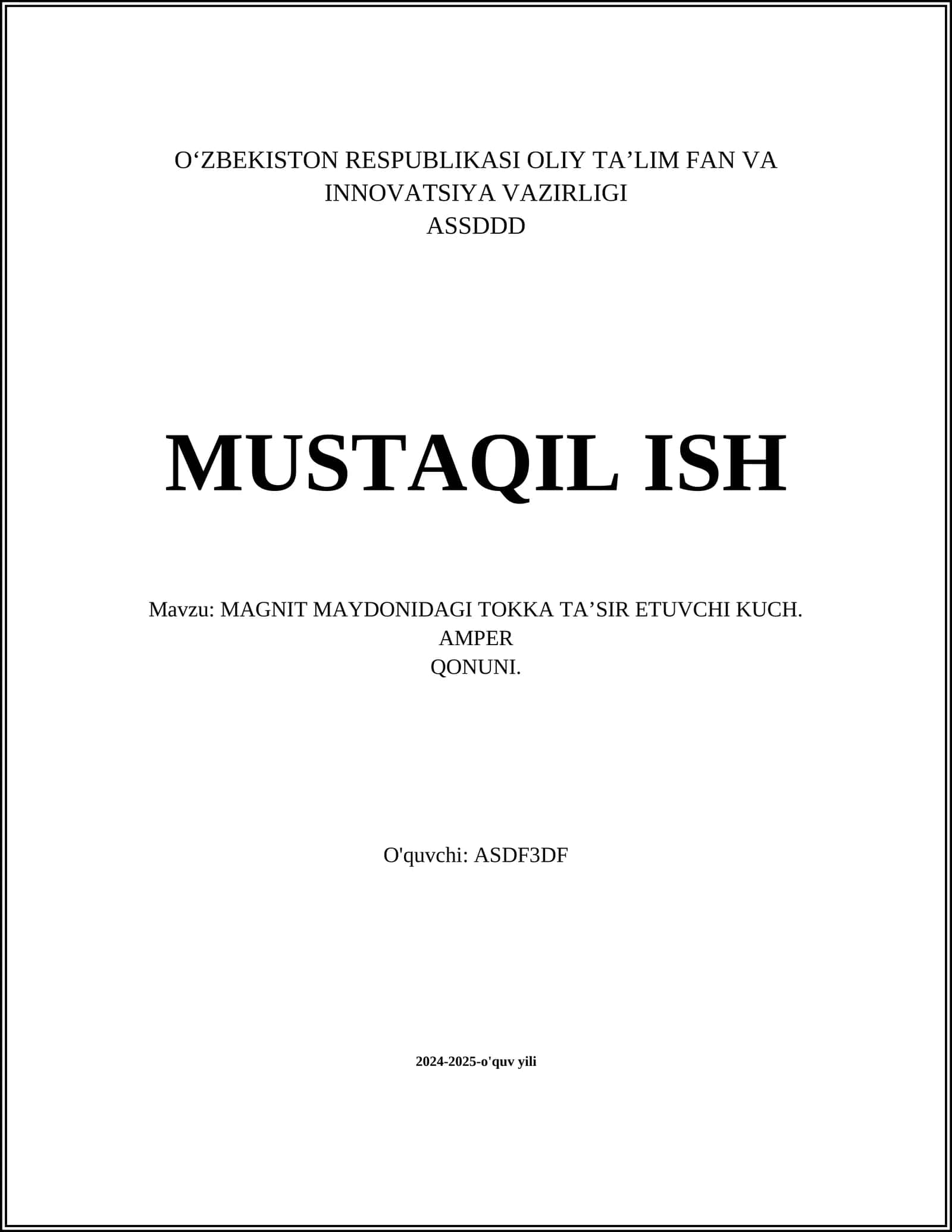 MAGNIT MAYDONIDAGI TOKKA TA’SIR ETUVCHI KUCH. AMPER QONUNI 1