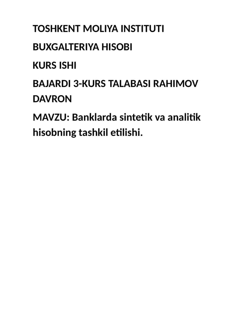 Banklarda sintetik va analitik hisobning tashkil etilish 1