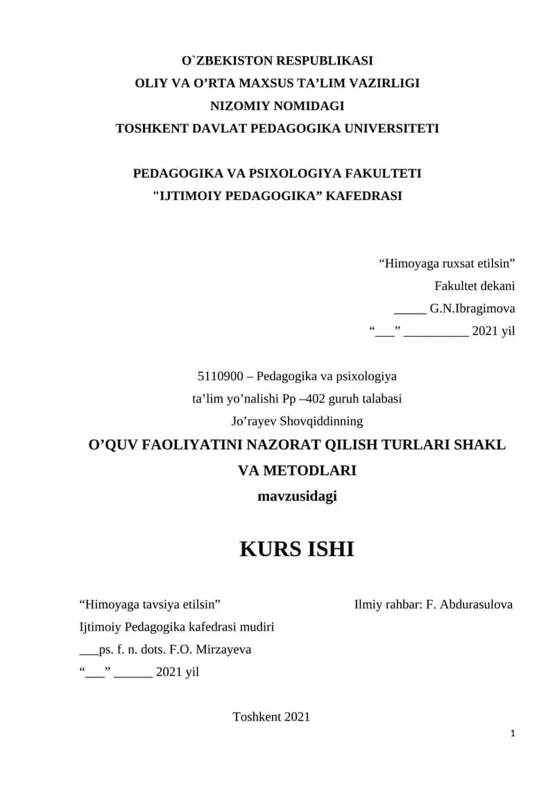 O`zbekiston Respublikasi Oliy va O’rta Maxsus Ta’lim Vazirligi 1