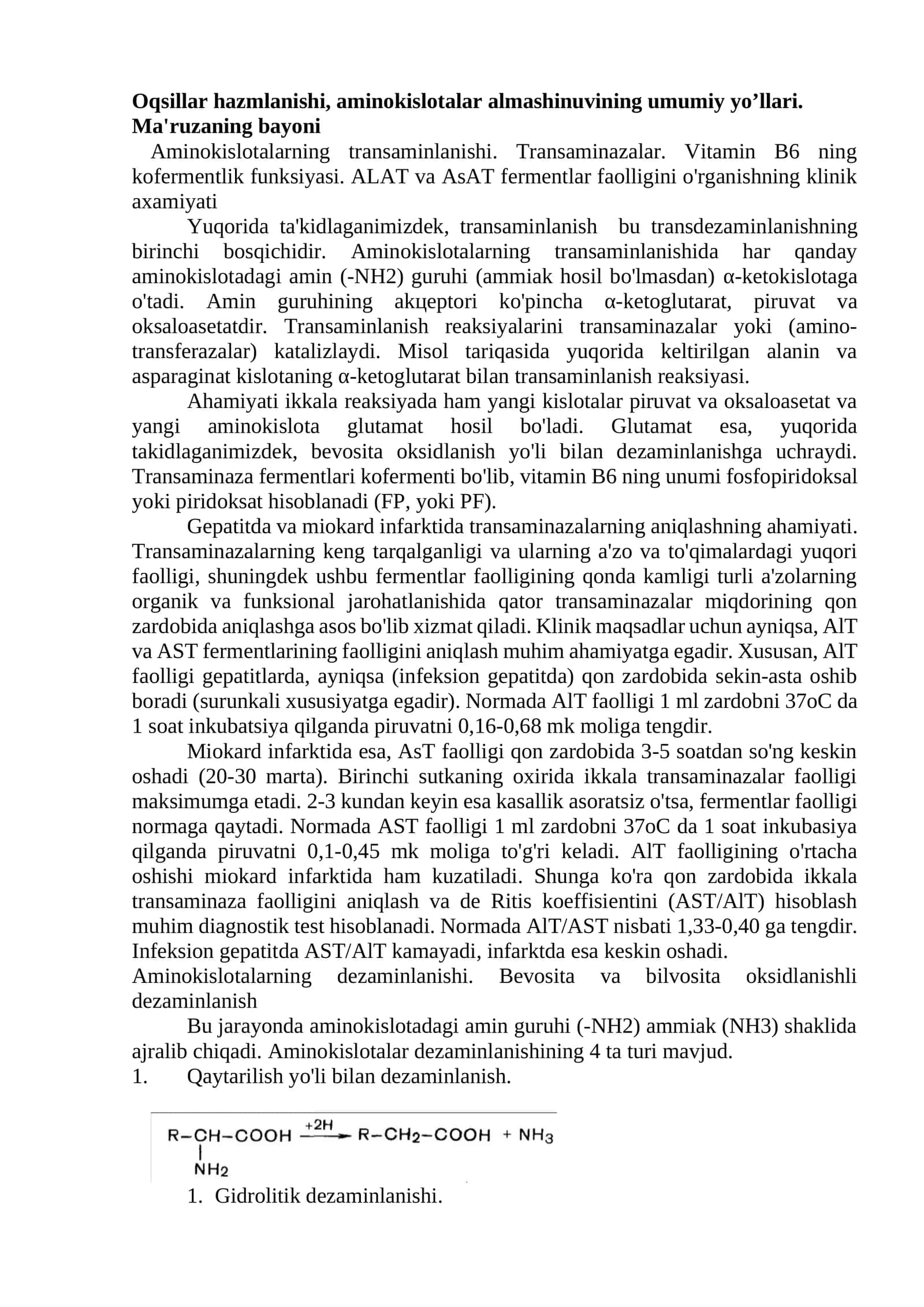 Oqsillar hazmlanishi, aminokislotalar almashinuvining umumiy yo’llari 1