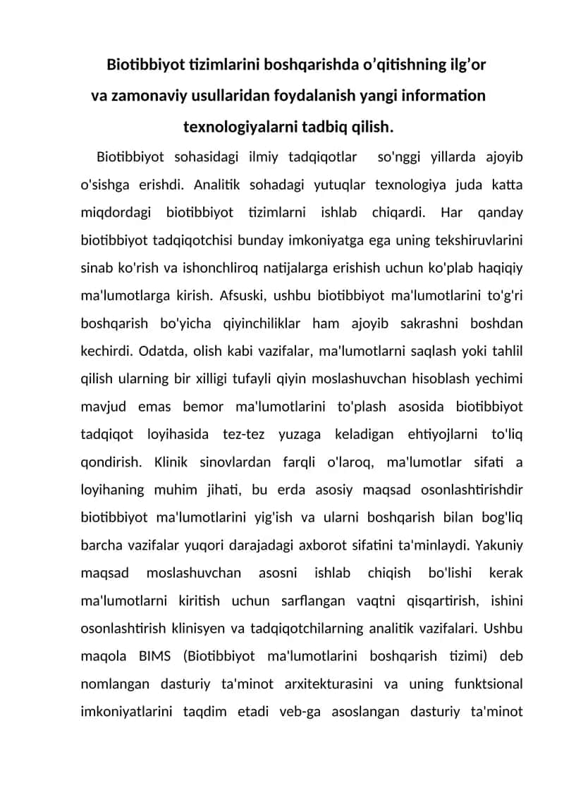 BIMS (Biotibbiyot ma'lumotlarini boshqarish tizimi) 1