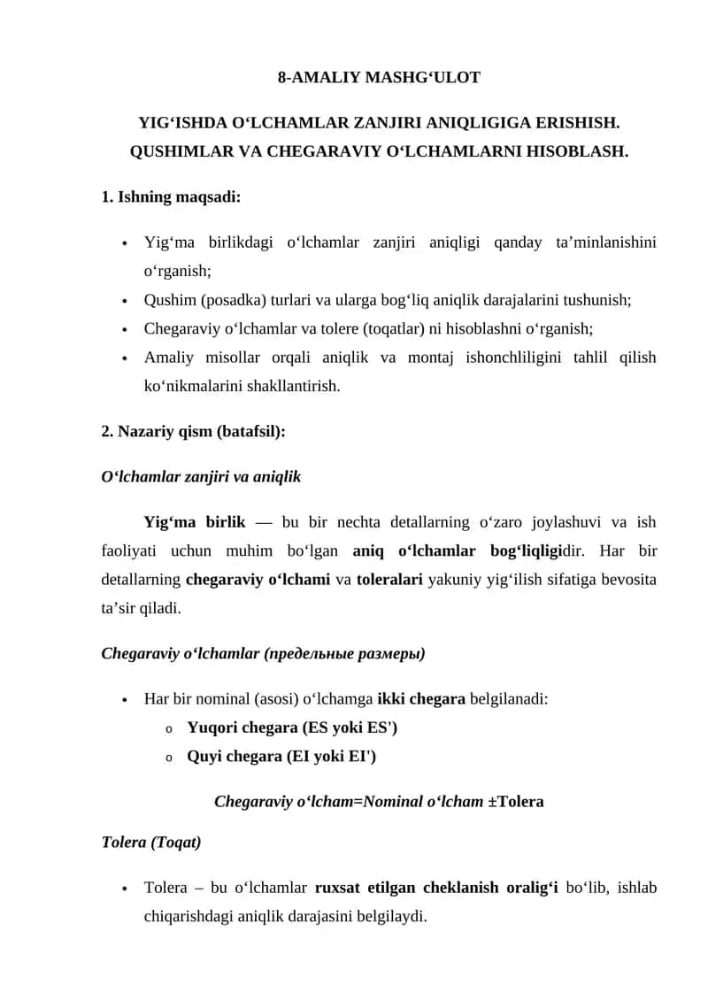 Yig‘ishda o‘lchamlar zanjiri aniqligiga erishish
