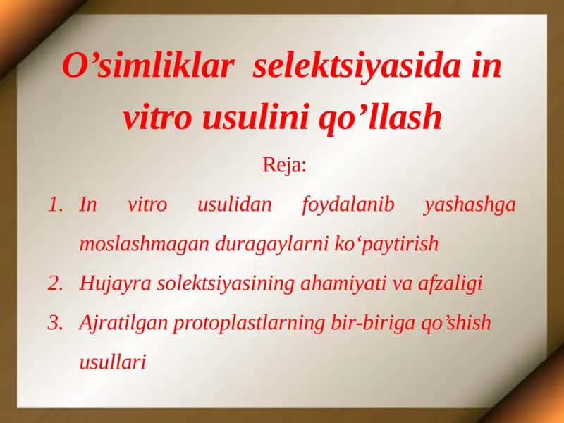 O’simliklar selektsiyasidain vitro usulini qo’llash 1
