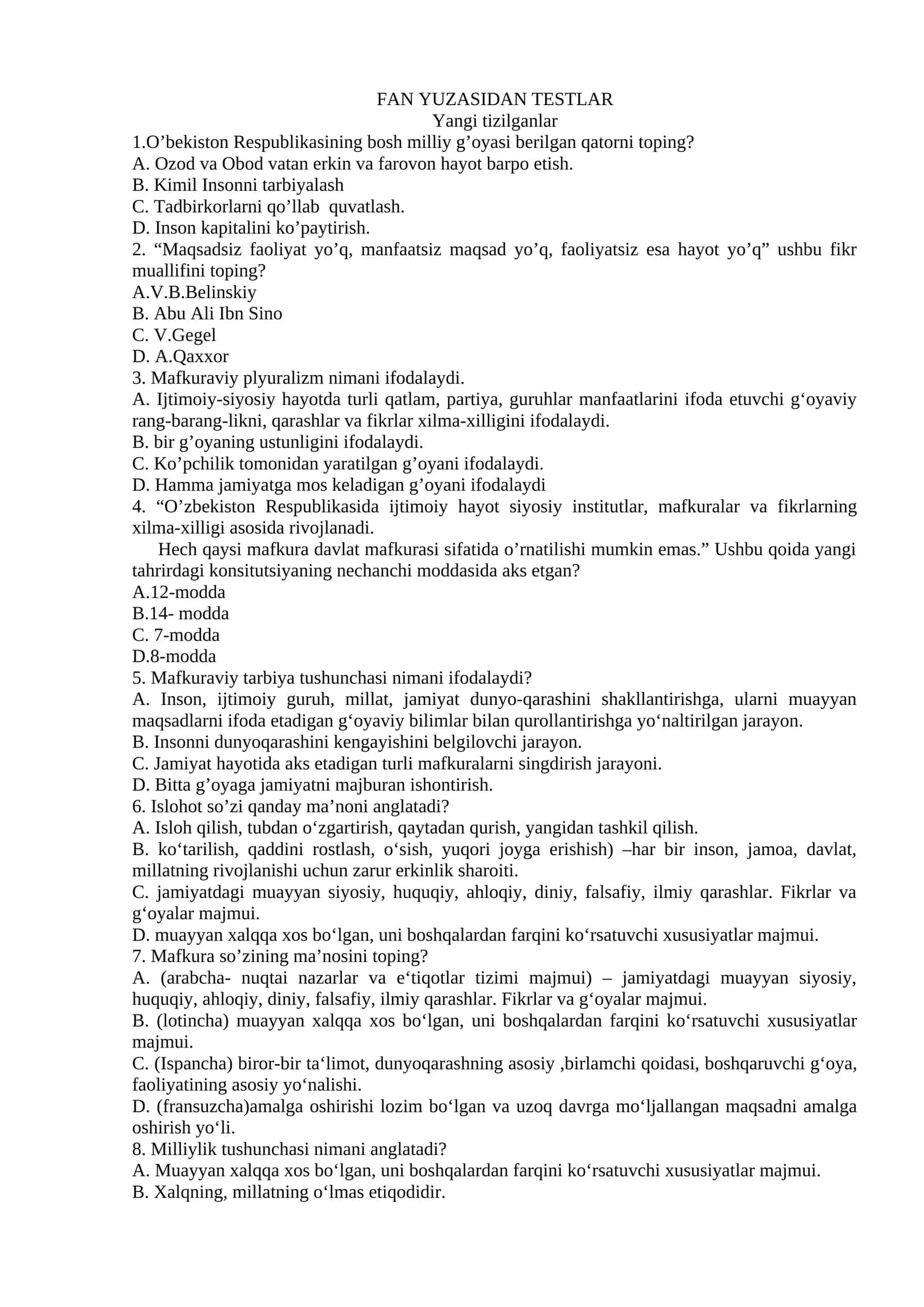 FAN YUZASIDAN TESTLAR 1