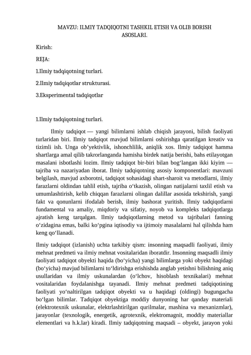 ILMIY TADQIQOTNI TASHKIL ETISH VA OLIB BORISH ASOSLARI 1
