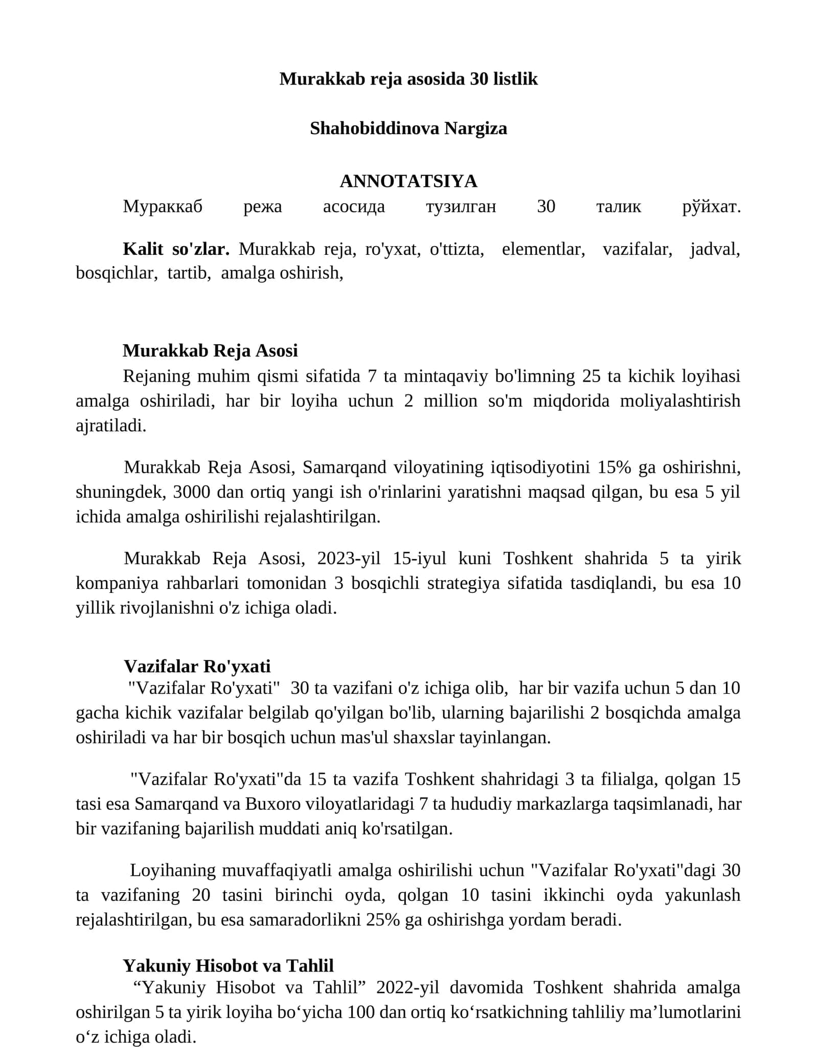 Murakkab reja asosida 30 listlik 1