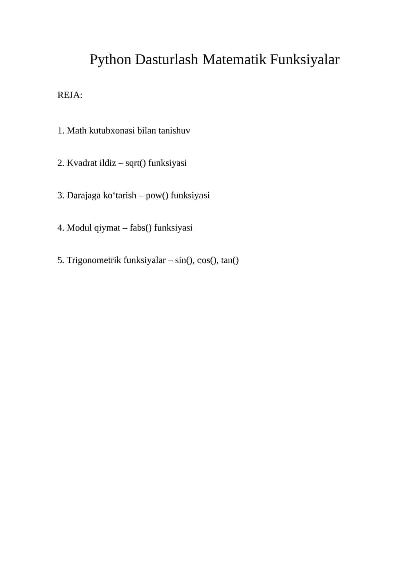 Python Dasturlash Matematik Funksiyalar 1