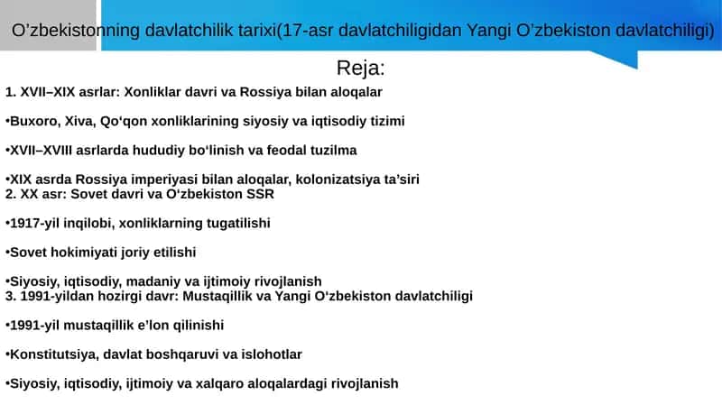 O’zbekistonning davlat chilik tarixi(17-asr davlat chiligidan Yangi O’zbekiston davlat chiligi) 1