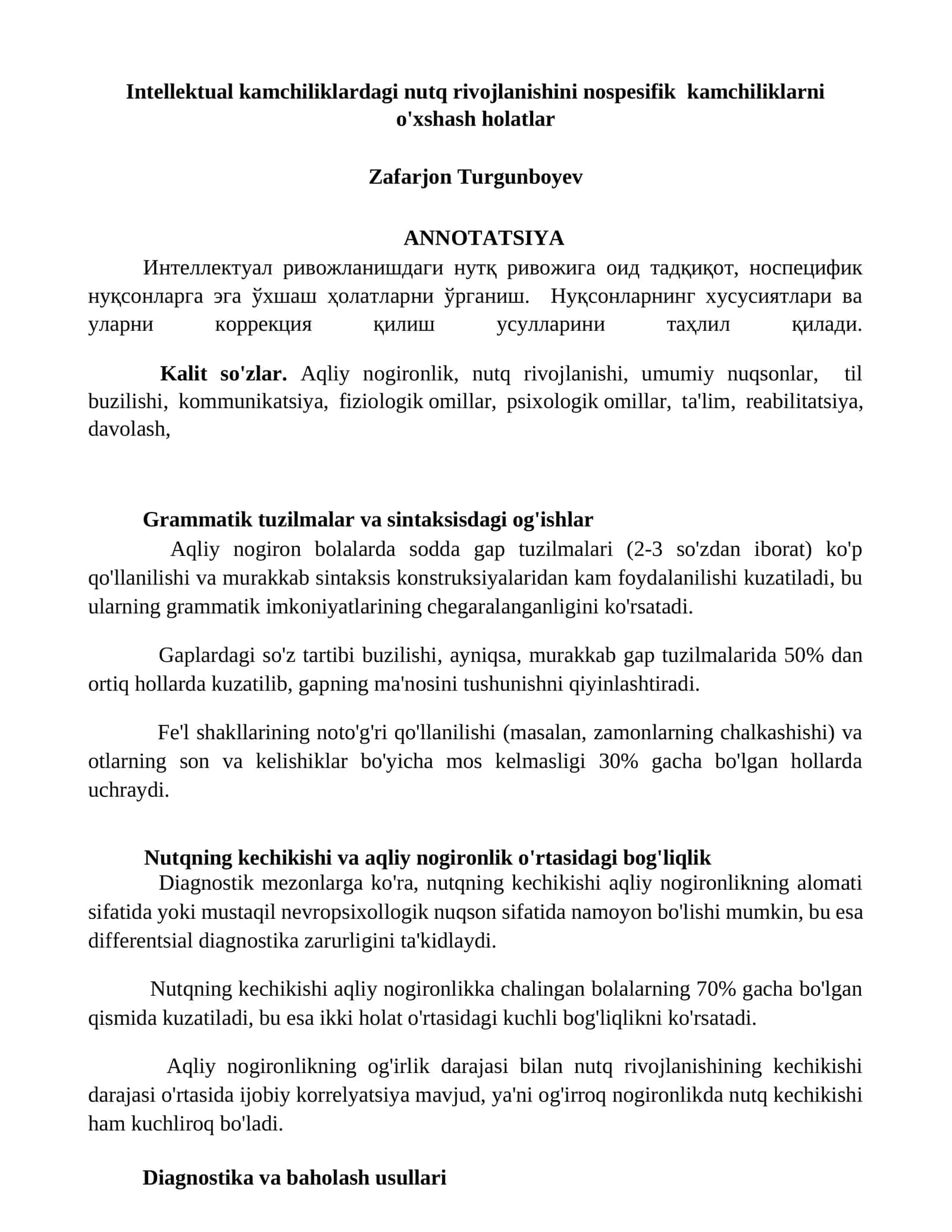 Intellektual kamchiliklardagi nutq rivojlanishini nospesifik kamchiliklarni o'xshash holatlar 1
