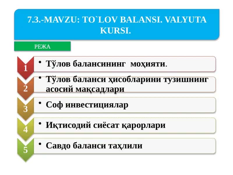 ТO'LOV BALANSI. VALYUTA KURSI 1