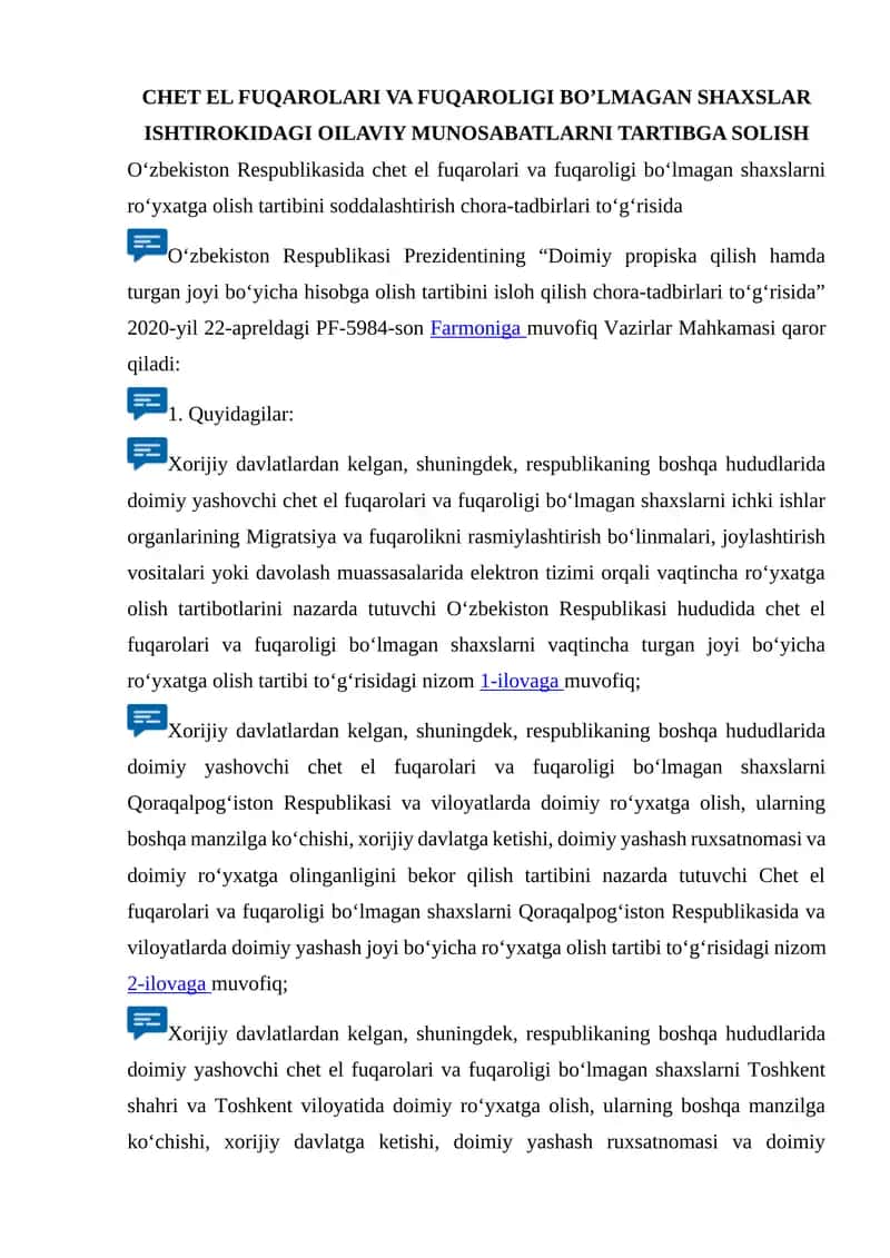 CHET EL FUQAROLARI VA FUQAROLIGI BO’LMAGAN SHAXSLAR ISHTIROKIDAGI OILAVIY MUNOSABATLARNI TARTIBGA SOLISH 1